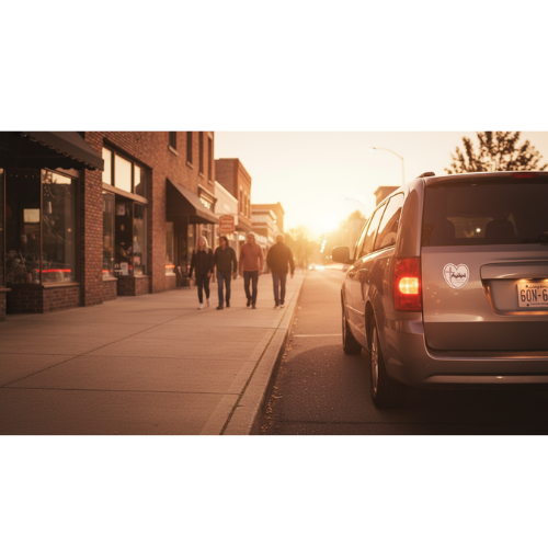 Agapē heart-and-cross magnet on parked vehicle near storefronts at golden hour