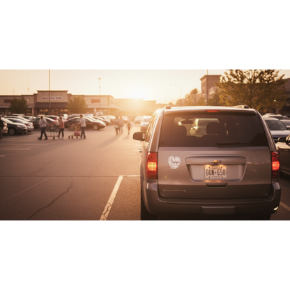 Agapē mission car magnet displayed on SUV in sunset parking lot”